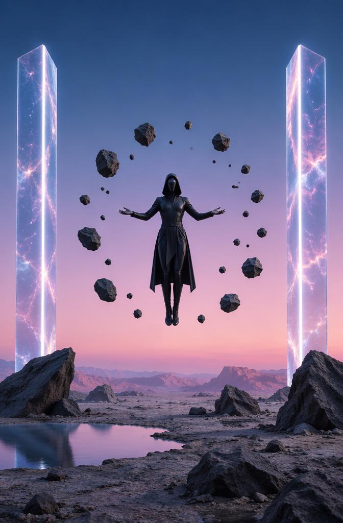 A Mysterious Figure Floats In A Surreal Rocky Landscape Surrounded By Glowing Pillars And Levitating Stones