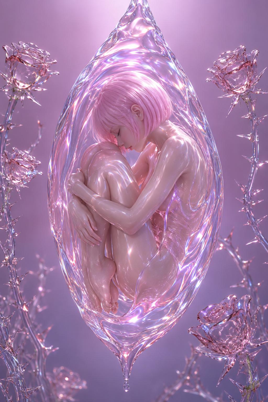 A surreal fetal pose enclosed within a translucent, liquid-like glass chrysalis, emphasiz...