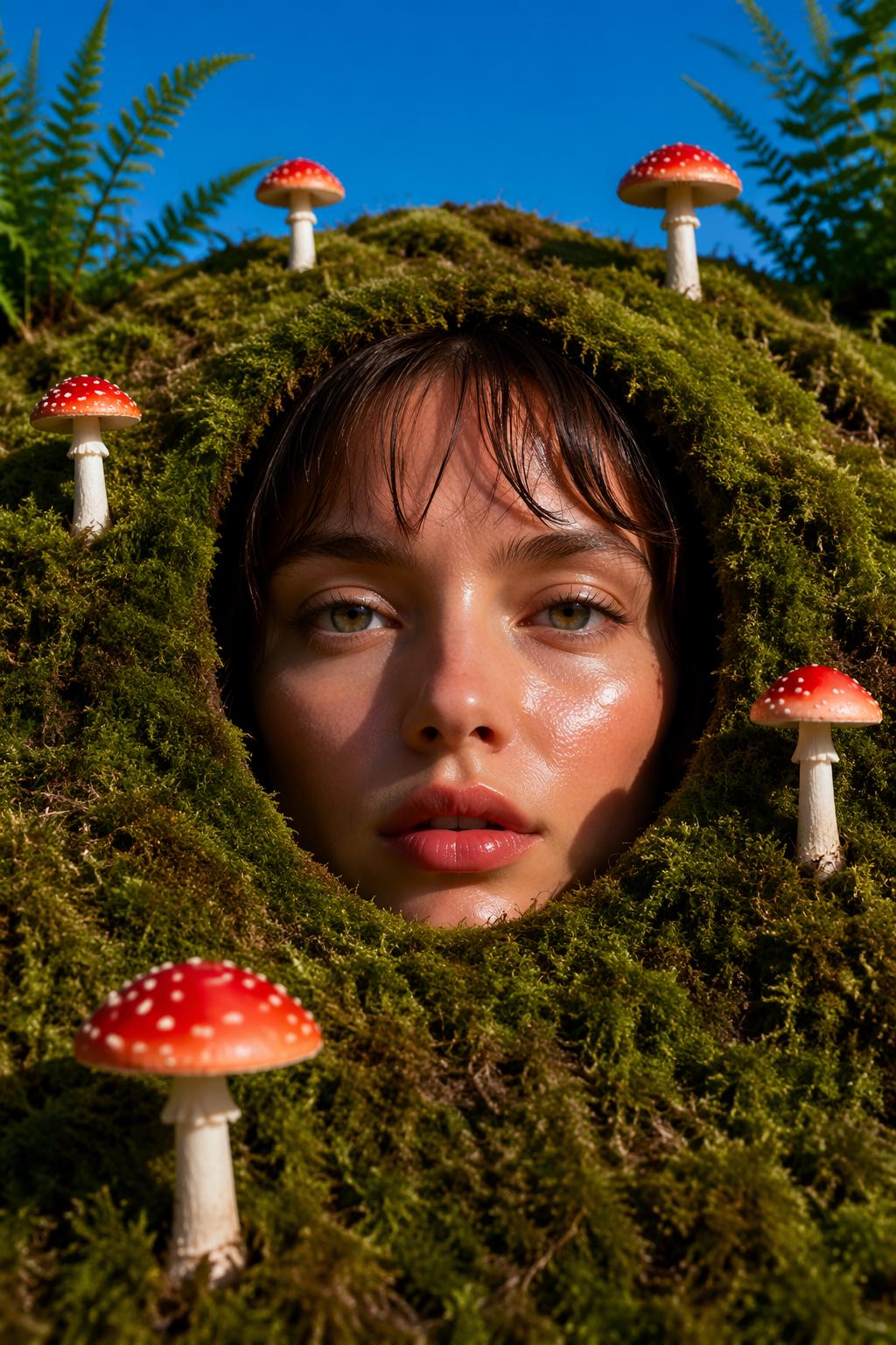 Surreal juxtaposition of a dewy, glowing human face emerging from a hole in a vibrant mos...