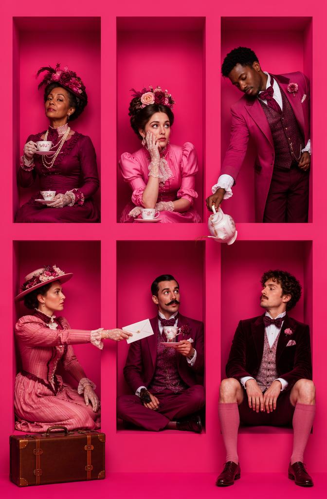 Surrealist theatrical grid composition with subjects isolated in monochromatic hot pink c...