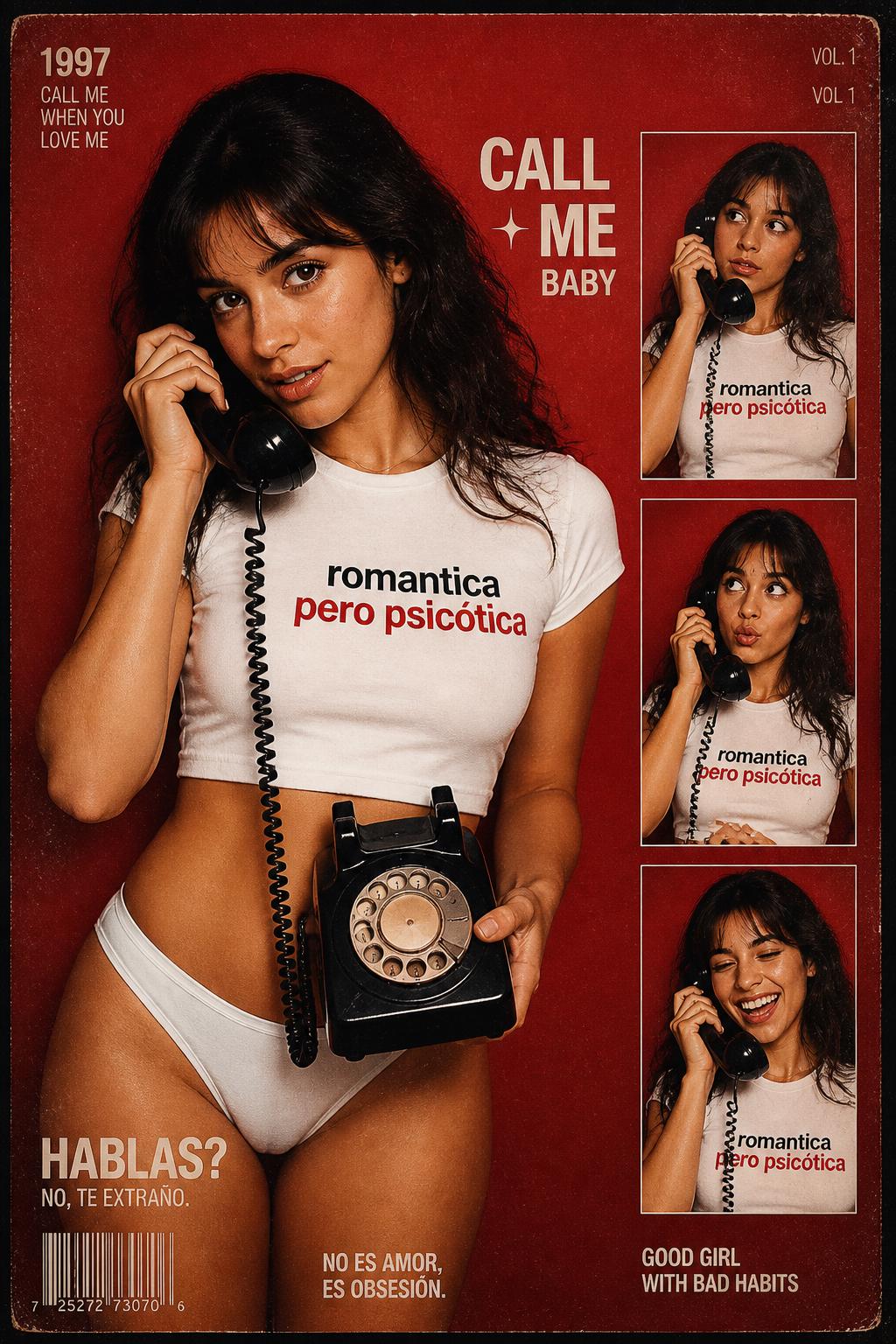 A Woman Holding A Vintage Rotary Phone Is Posed Against A Red Background Wearing A Shirt With Bold Text