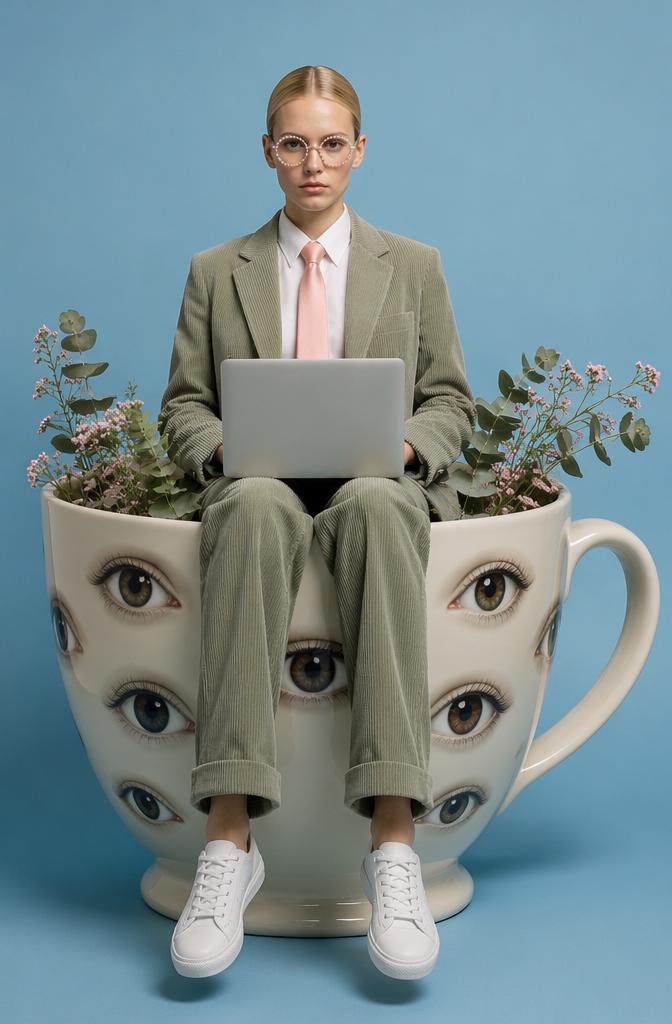 A surreal juxtaposition of a professional person in a corduroy suit sitting inside a gian...