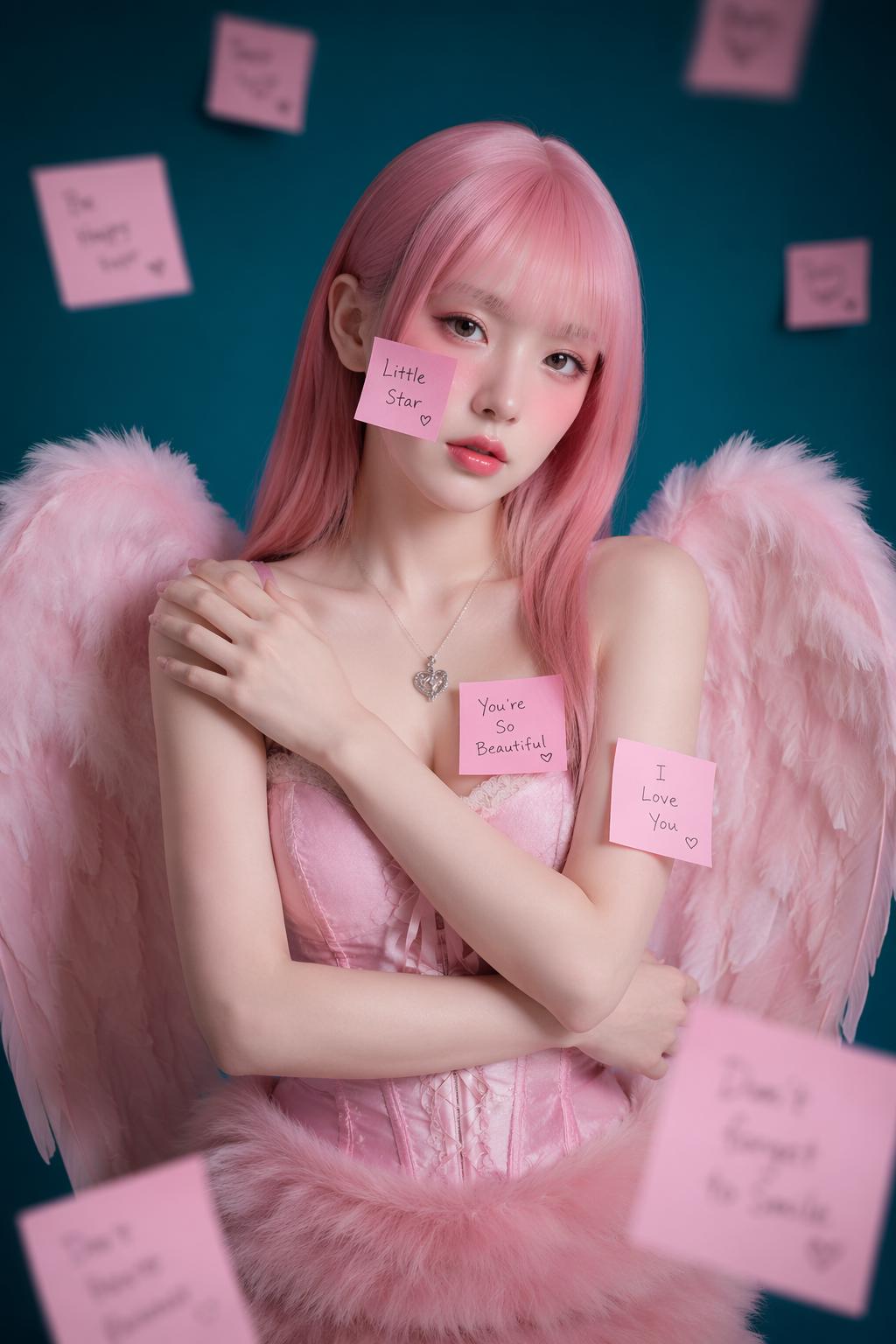 A dreamlike aesthetic featuring a woman styled as a pink angel, framed by a high-contrast...