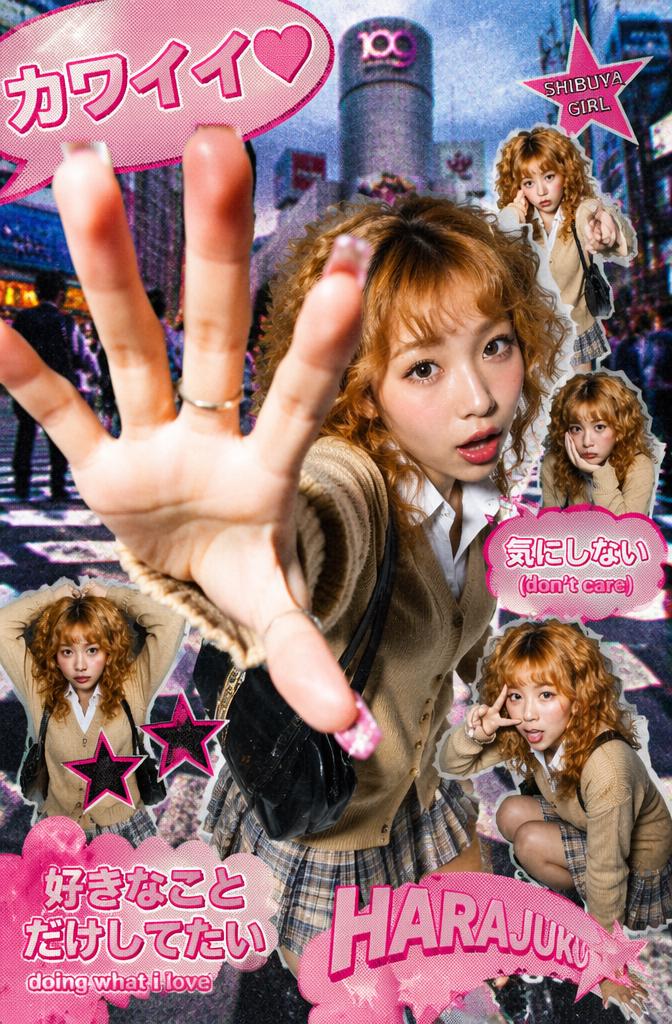 A Woman In Trendy Fashion Poses Energetically In A Vibrant Urban Setting Featuring Shibuya'S Iconic Cityscape