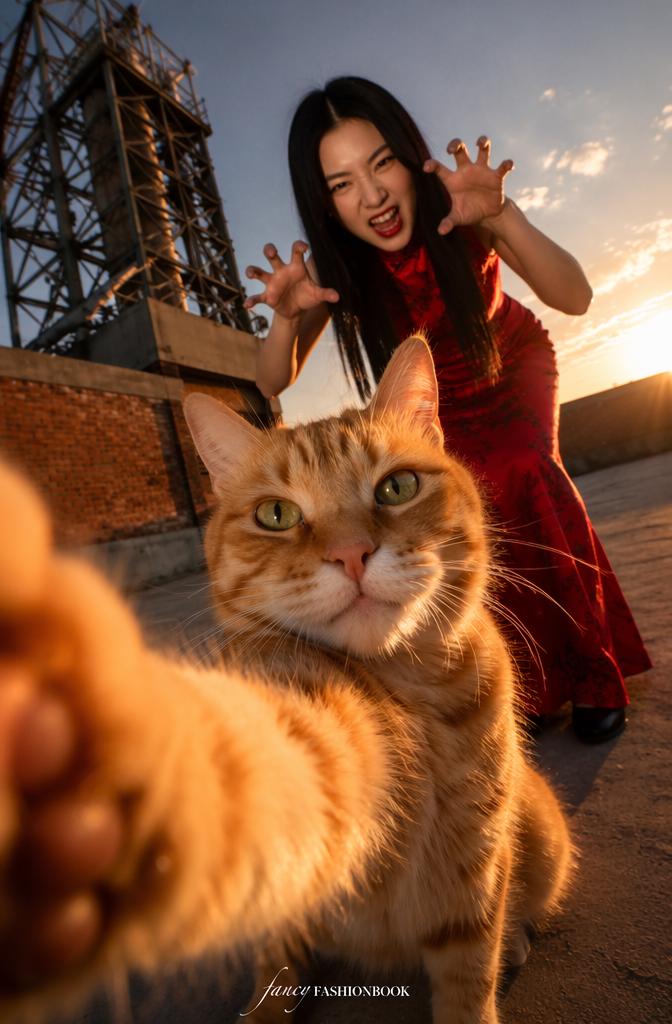 A Cat Takes Center Stage In A Playful Rooftop Scene With A Woman In The Background Striking A Dramatic Pose Against An Industrial Structure And Sunset Sky