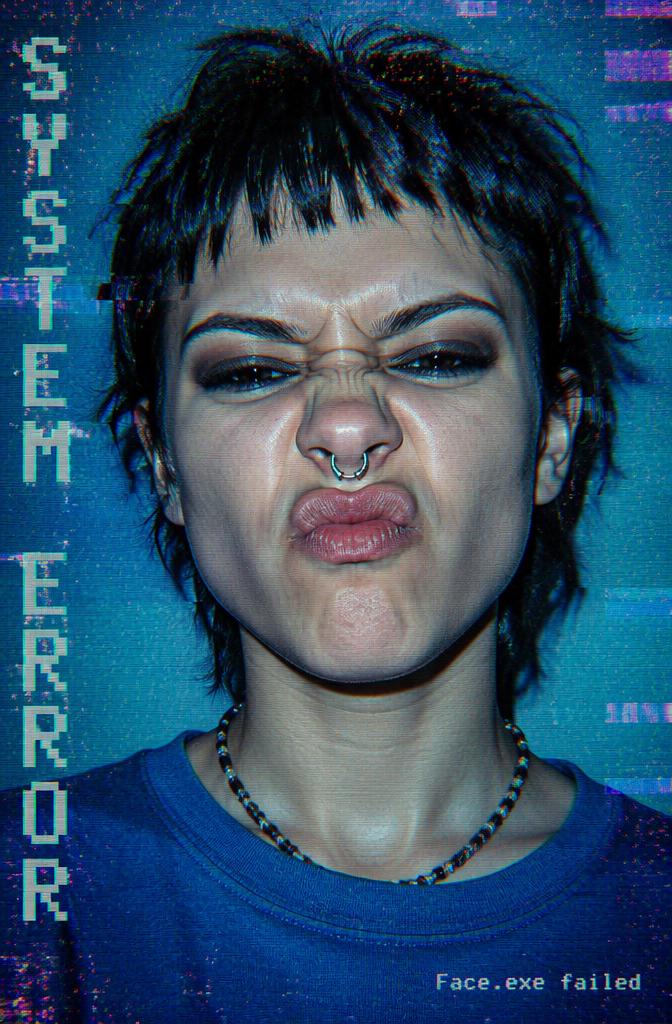 A raw, glitch-art aesthetic focused on an intense, scrunched facial expression with pixel...