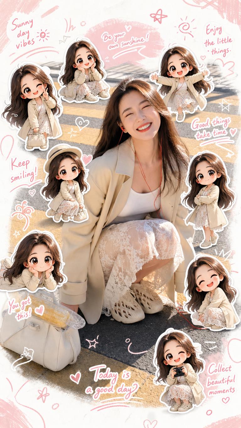 Based on the uploaded photos, create a high-quality "Q-version clone sticker diary photo"...