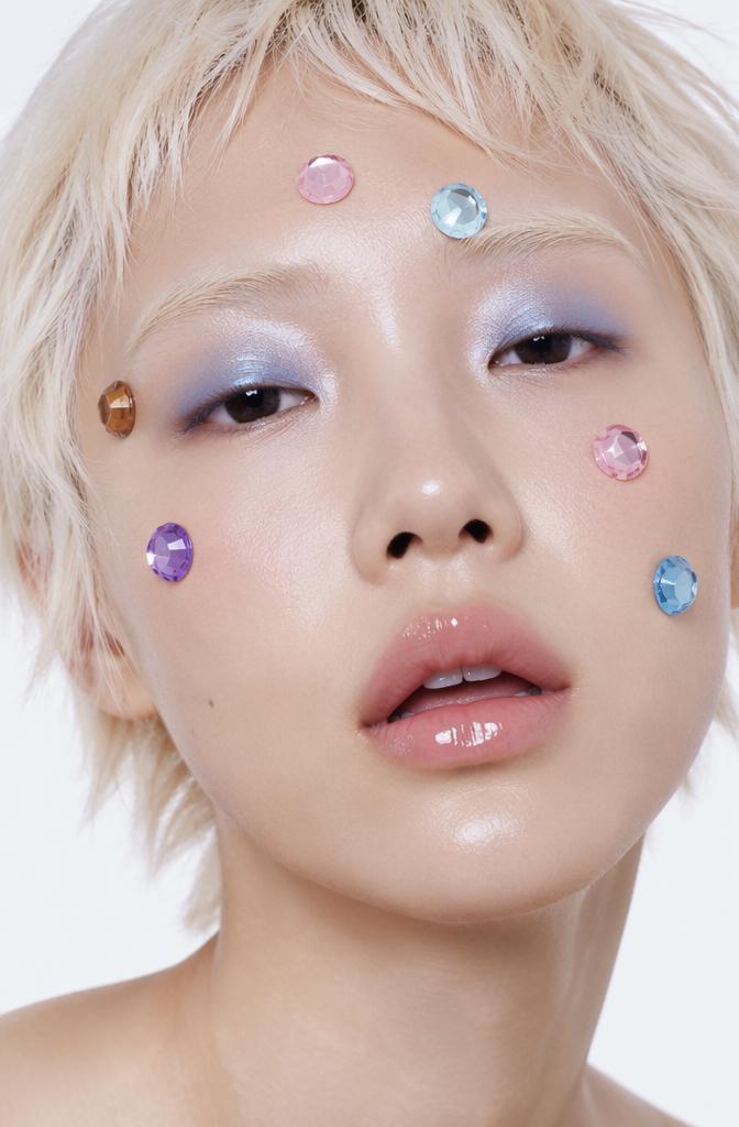 High-fashion extreme close-up of a face adorned with scattered, multi-colored faceted fau...