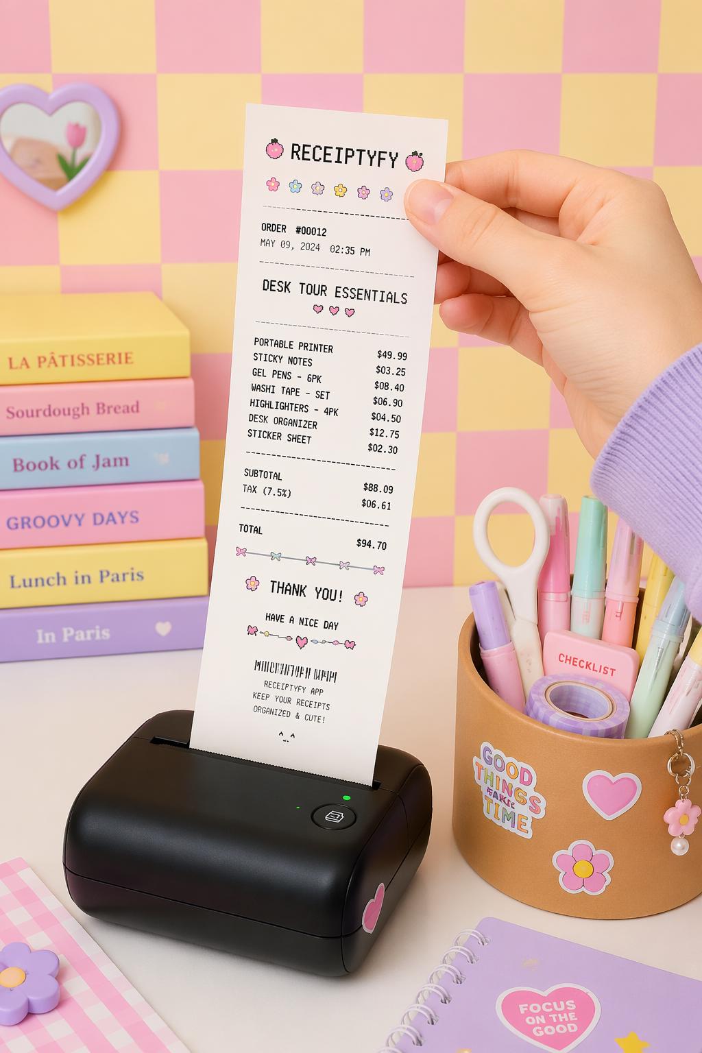 The stark contrast between the bright, clean thermal paper receipt strip and the playful,...
