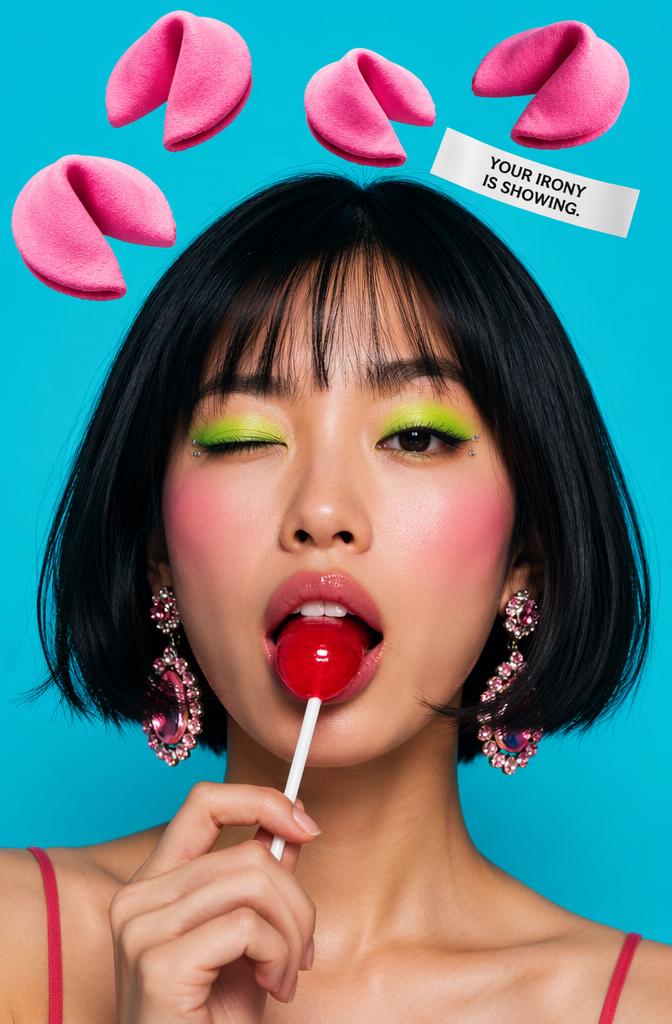 A vibrant, surreal portrait centered on a playful wink, neon green eyeshadow, and a red l...