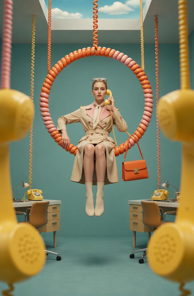 Surreal symmetrical composition where an oversized, thick orange and pink coiled telephon...