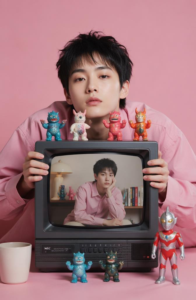 Recursive surrealism: a person holding a retro television that displays a photo of the sa...