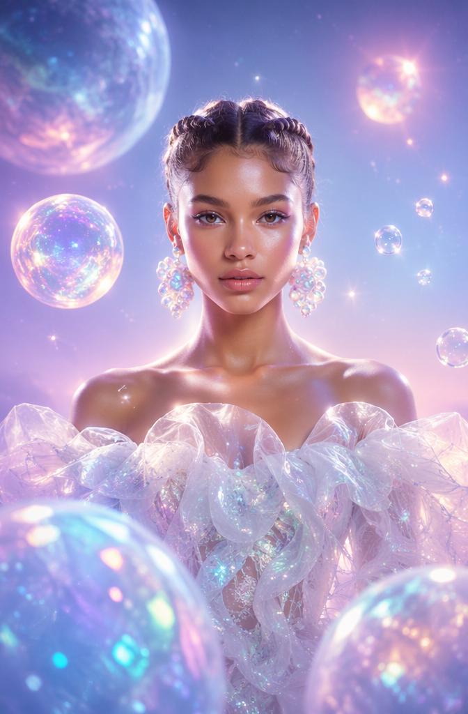 Ethereal, iridescent glow surrounding a subject framed by floating celestial orbs and tra...