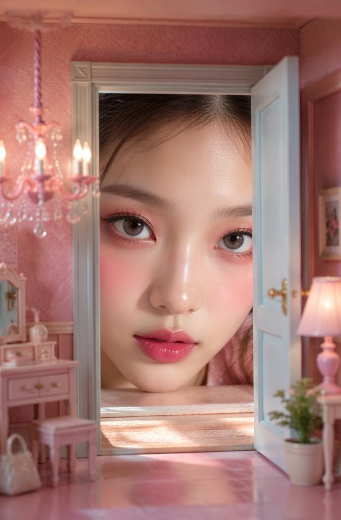 Surreal juxtaposition between a giant, realistic human face and a miniature dollhouse bed...