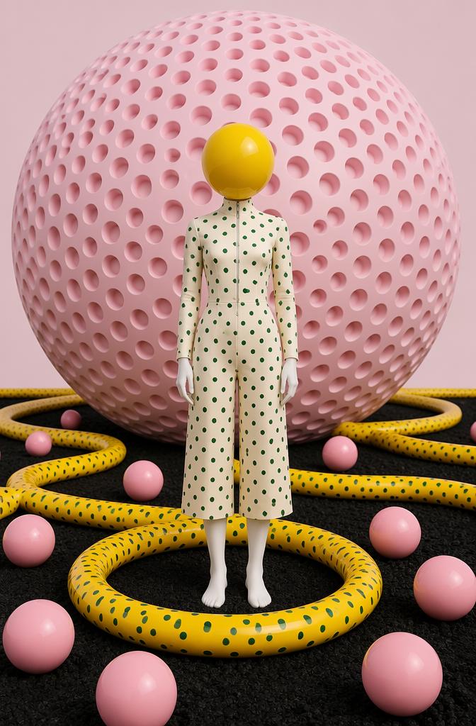 The striking contrast of a polished, vibrant yellow sphere acting as a head against a sur...