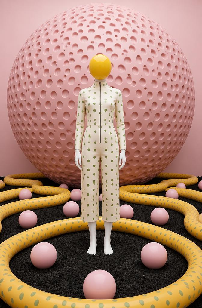 The striking contrast of a polished, vibrant yellow sphere acting as a head against a sur...