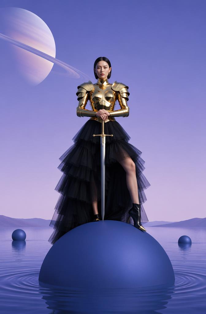 The striking contrast between the polished gold metallic armor and the ethereal black tie...