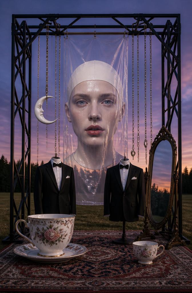 The surreal, ethereal gaze of a giant, disembodied human head encased behind a hanging tr...