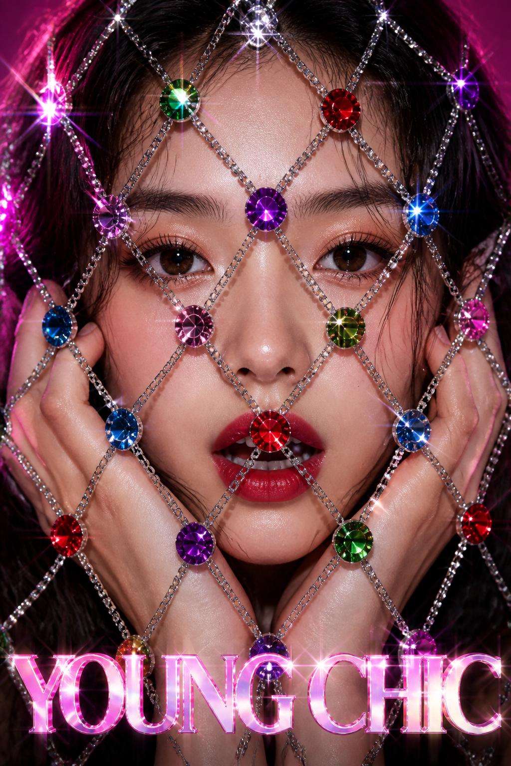 A dense, diamond-patterned rhinestone net draped over the subject's face, creating a high...