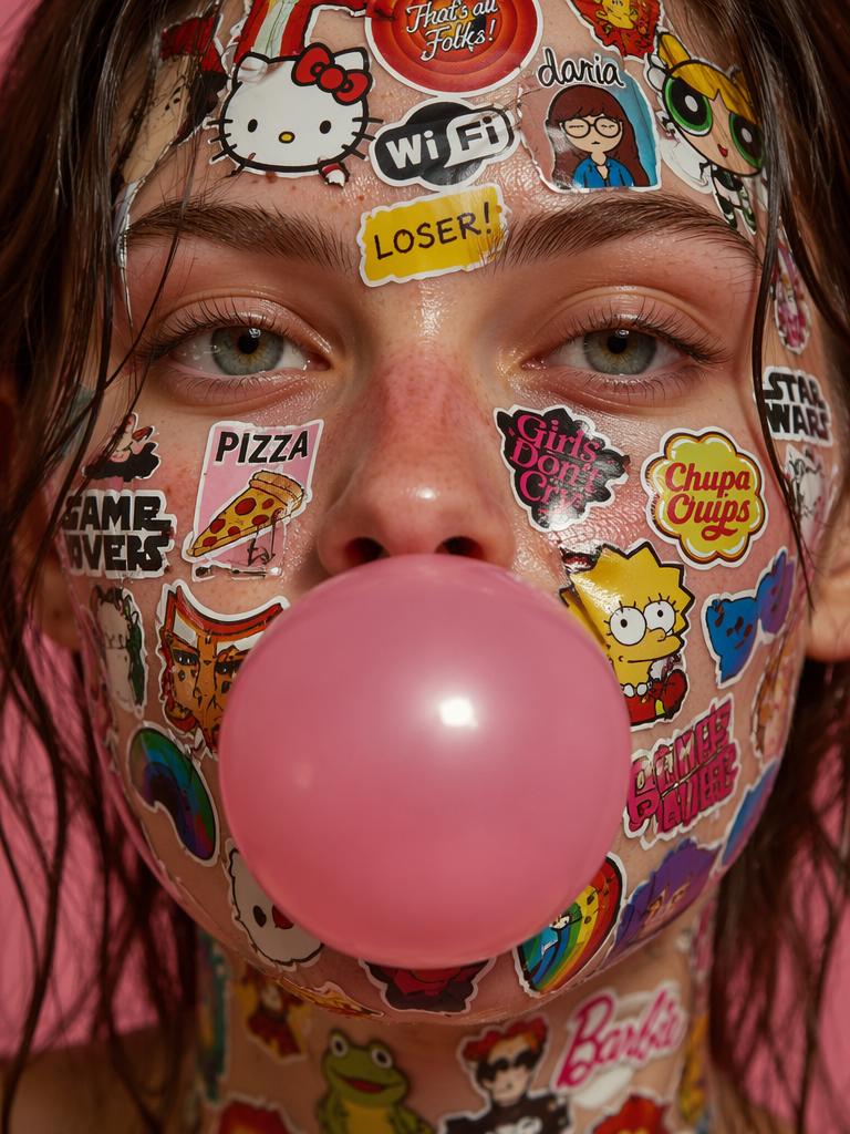 A perfect, high-gloss spherical pink bubblegum bubble centered in the lower third, contra...