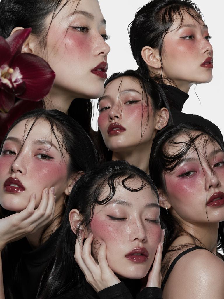 High-fashion editorial collage focusing on the juxtaposition of hyper-stylized makeup—spe...