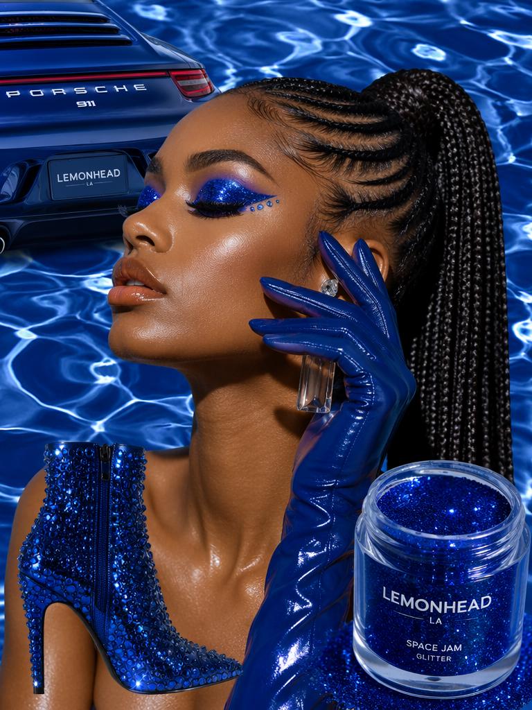 Maximalist editorial collage focusing on a monochromatic deep-blue luxury aesthetic, anch...