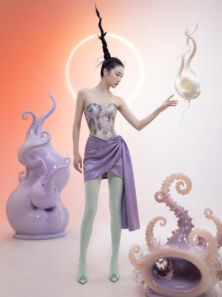 The surreal juxtaposition of a slender subject in a delicate, ethereal pose interacting w...