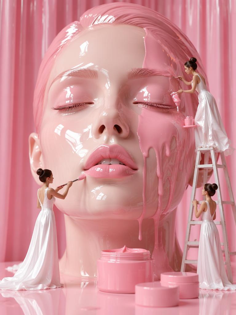 A giant, glossy, porcelain-like human face being painted by 3 miniature figures, emphasiz...