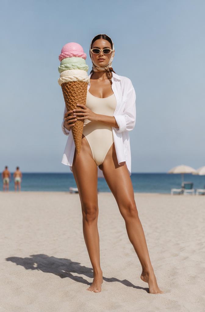 Surreal juxtaposition of a giant, oversized ice cream cone held by a bronzed model in a h...