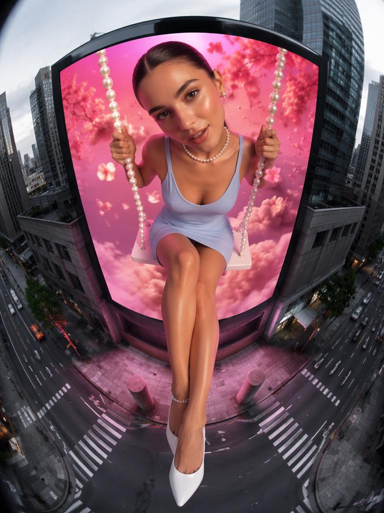 Hyper-distorted wide-angle fisheye portrait of a giant woman on a pearl swing, protruding...