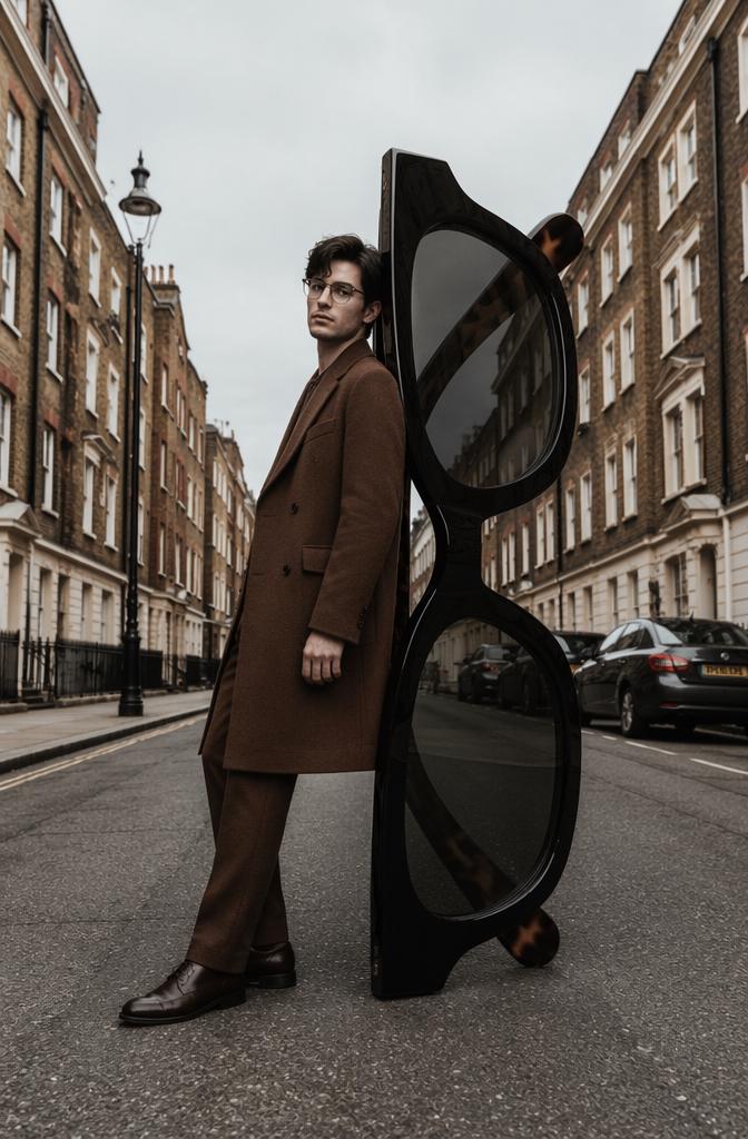Surreal juxtaposition of a giant, oversized acetate sunglasses frame placed vertically in...
