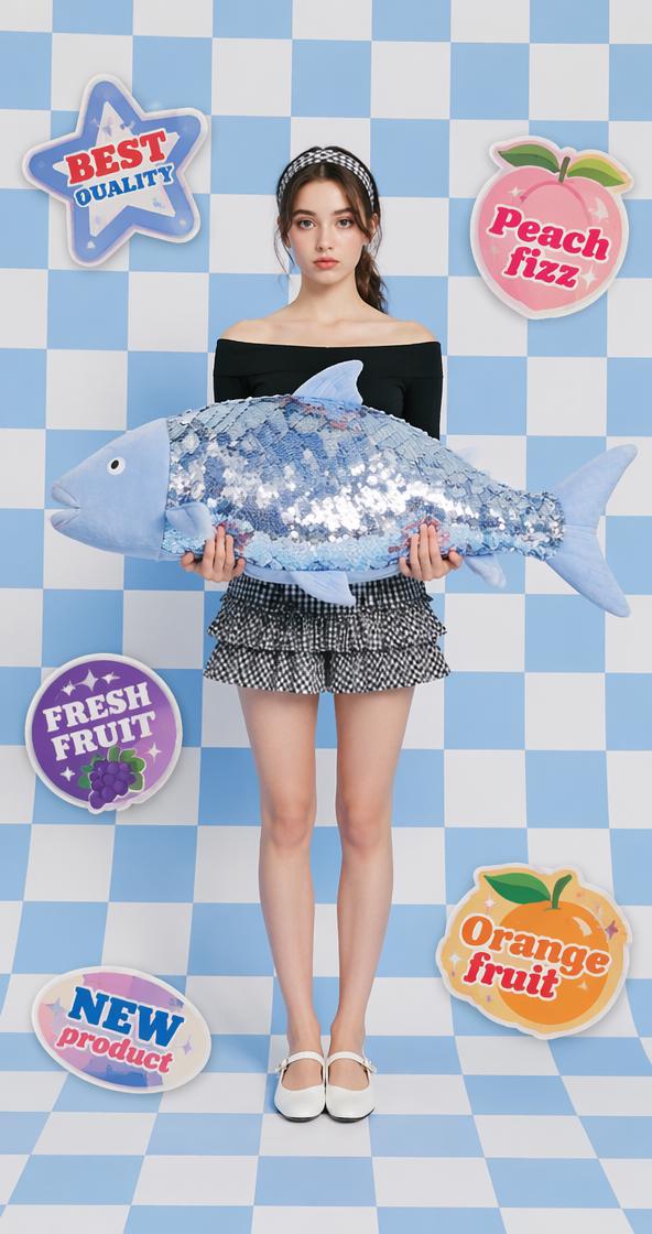 A deadpan, whimsical contrast between a girl holding a massive, oversized, glittery blue...