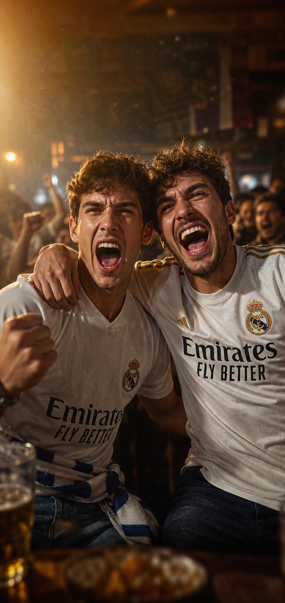 Two Men Wearing Real Madrid Jerseys Share A Celebratory Moment In A Lively Bar Setting