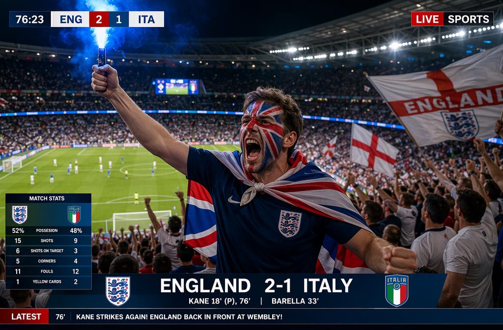 A Man Draped In An England Flag Celebrates In A Packed Stadium During A Soccer Match Between England And Italy