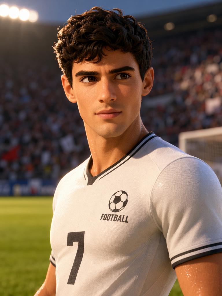 A Man Wearing A Football Jersey Stands On A Soccer Field With A Stadium Crowd In The Background