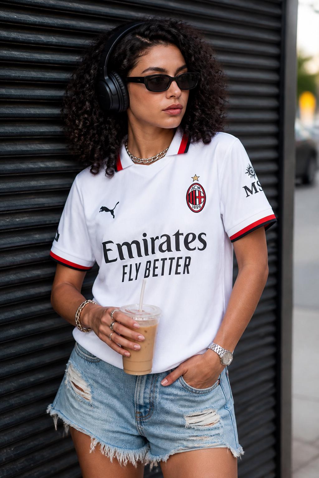 A Woman Wearing Headphones A Soccer Jersey And Denim Shorts Stands Outdoors Holding An Iced Coffee