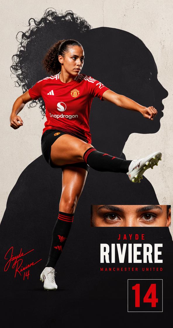 A Woman Wearing A Red Soccer Jersey And Black Shorts Is Captured Mid-Action Against A Bold Silhouette Background