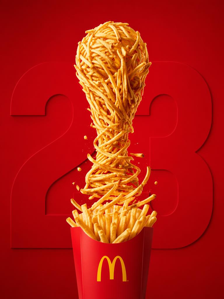 A Creative Display Of McDonald'S French Fries Resembling A Trophy Set Against A Bold Red Background
