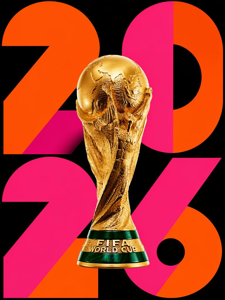 The Image Showcases The FIFA World Cup Trophy Against A Bold Backdrop Featuring The Year 2026 In Vibrant Orange And Pink
