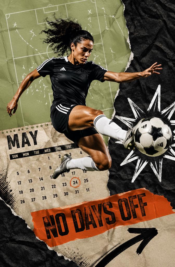 A Woman In Athletic Gear Powerfully Kicks A Soccer Ball Against A Dynamic Backdrop Featuring A Calendar And Motivational Text