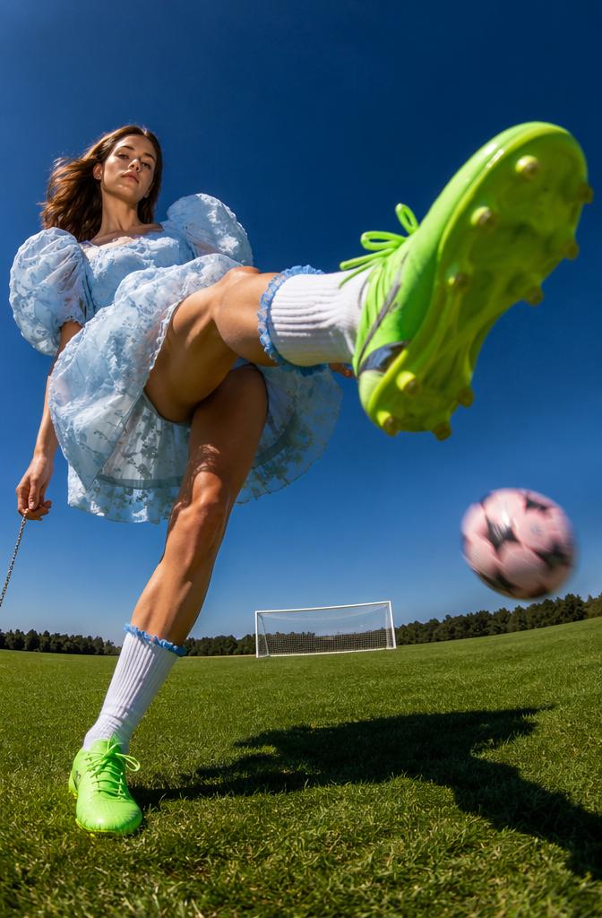 Dynamic foreshortening of a leg mid-kick, emphasizing neon-green cleats against a high-co...