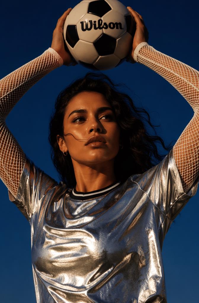 The geometric framing of the subject's face between raised arms holding a soccer ball, co...