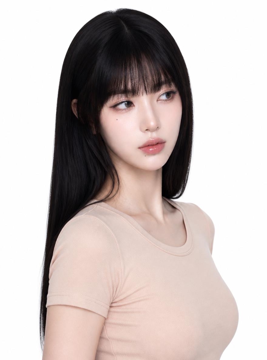 Generate a solid white background image, wearing a nude-colored T-shirt, side view at a 4...