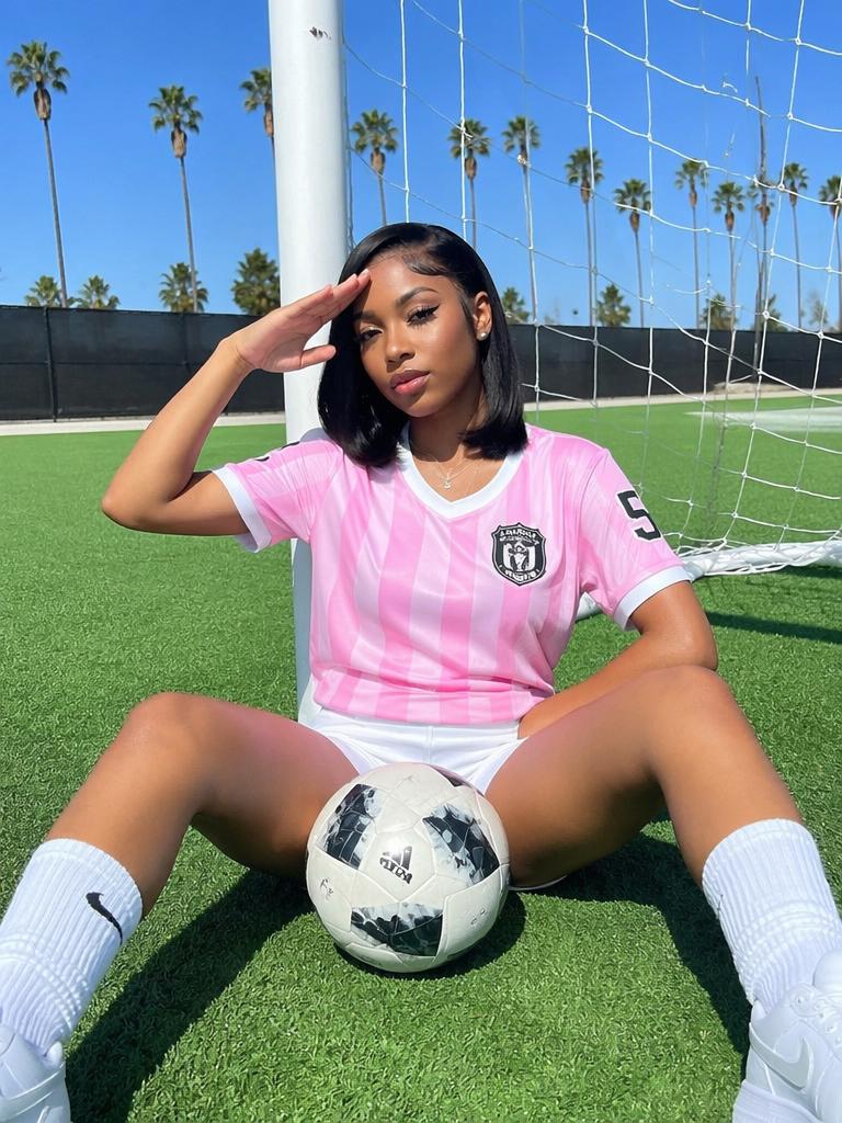 The color contrast between a pastel pink athletic jersey and vibrant artificial green tur...