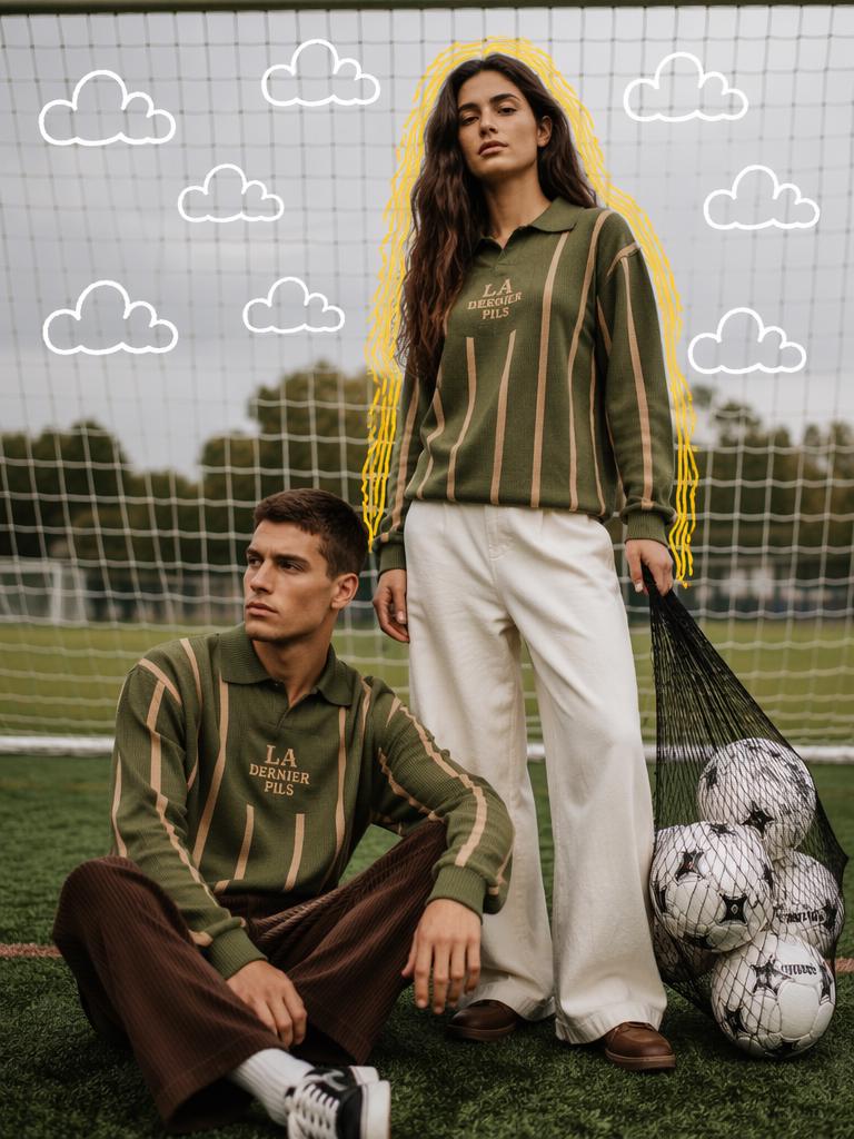 Matching vintage-style olive green striped knit polo shirts with a playful contrast betwe...