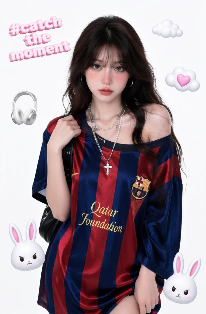 The contrast between a loose, off-the-shoulder oversized satin soccer jersey and delicate...