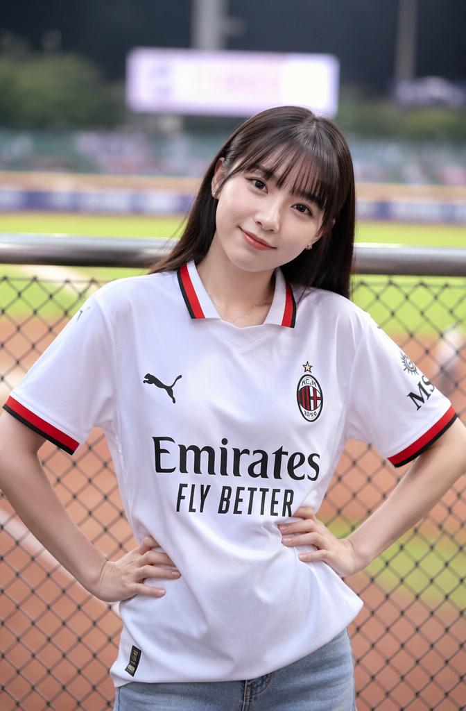 Youthful, energetic aesthetic centered on the clean white AC Milan jersey, contrasted aga...