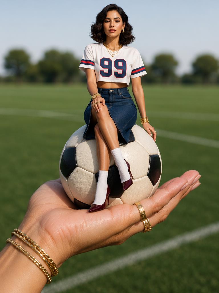 Surreal scale juxtaposition: a miniature woman sitting gracefully atop a classic black-an...