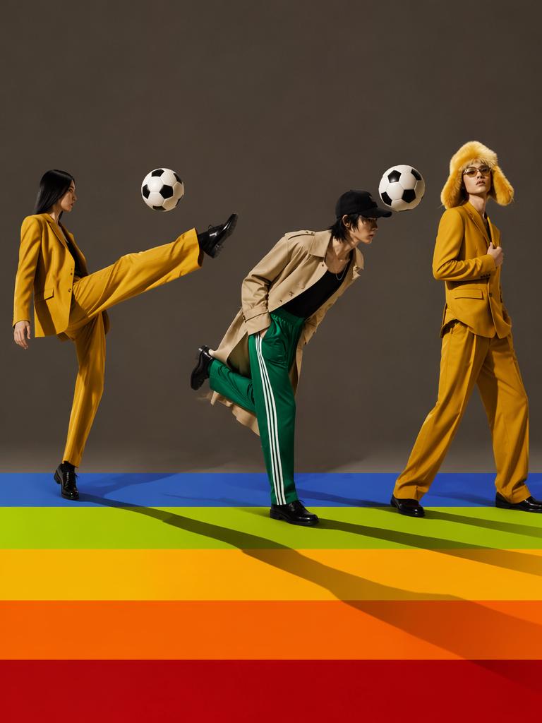 Surreal fashion editorial scene featuring three distinct figures interacting with floatin...