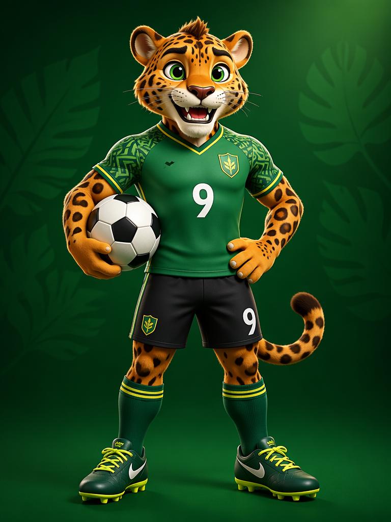 A Cartoon Jaguar Dressed In A Green Soccer Uniform Stands Confidently Holding A Soccer Ball Against A Vibrant Green Background